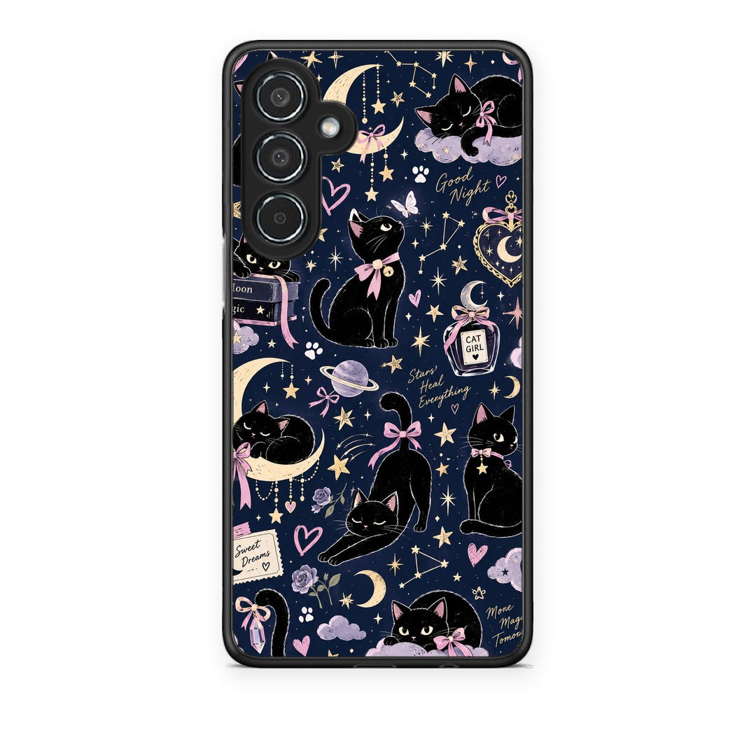 Θήκη Samsung Galaxy M35 5G Celestial Black Cats on Navy από τη Smartfits με σχέδιο στο πίσω μέρος και μαύρο περίβλημα | Samsung Galaxy M35 5G Celestial Black Cats on Navy case with colorful back and black bezels
