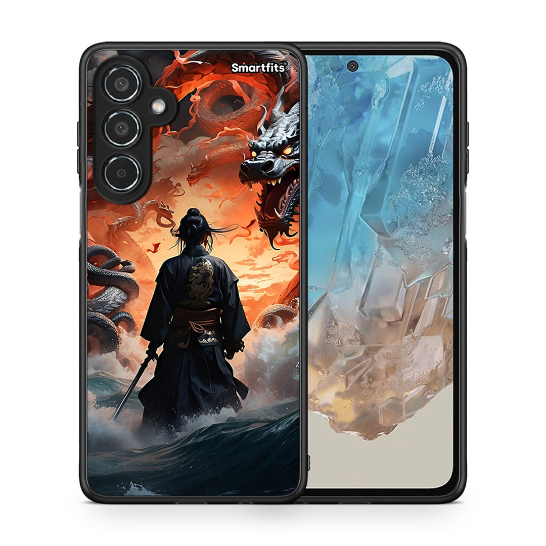 Θήκη Samsung Galaxy M35 5G Dragons Fight από τη Smartfits με σχέδιο στο πίσω μέρος και μαύρο περίβλημα | Samsung Galaxy M35 5G Dragons Fight case with colorful back and black bezels