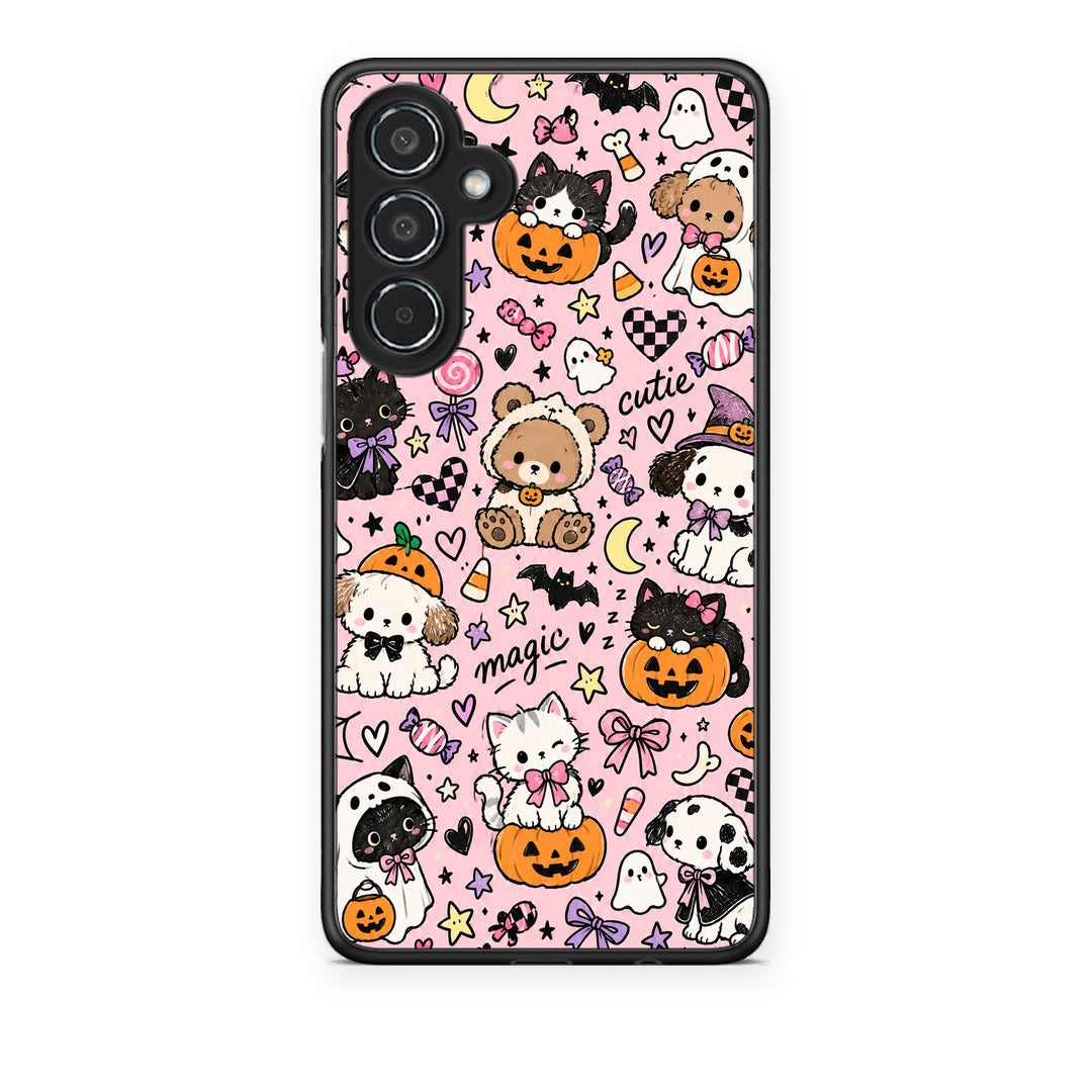 Θήκη Samsung Galaxy M35 5G Halloween Cute Animals on Pink από τη Smartfits με σχέδιο στο πίσω μέρος και μαύρο περίβλημα | Samsung Galaxy M35 5G Halloween Cute Animals on Pink case with colorful back and black bezels