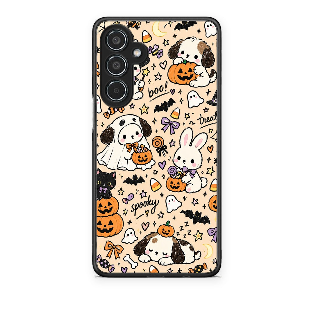 Θήκη Samsung Galaxy M35 5G Halloween Puppies and Friends on Cream από τη Smartfits με σχέδιο στο πίσω μέρος και μαύρο περίβλημα | Samsung Galaxy M35 5G Halloween Puppies and Friends on Cream case with colorful back and black bezels