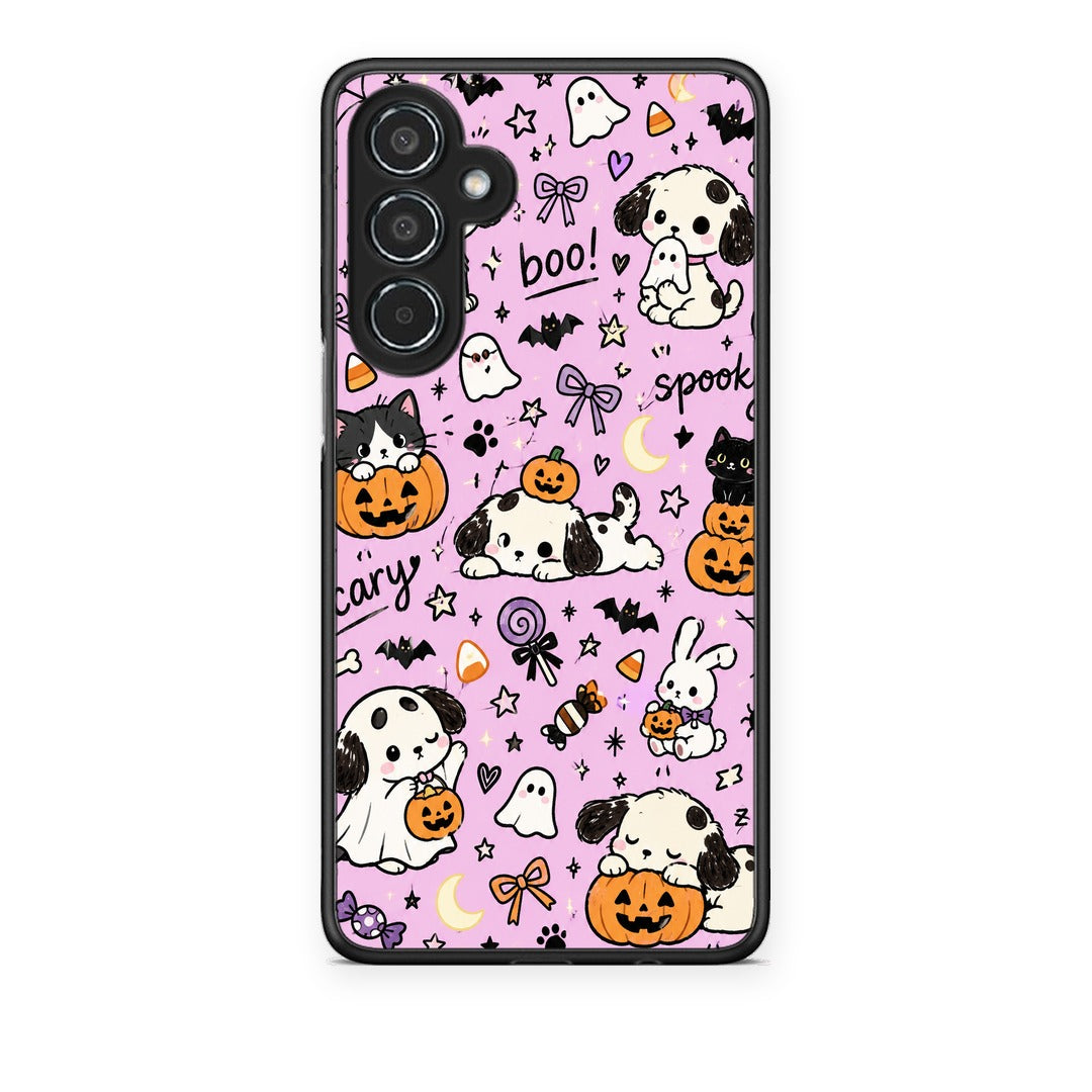 Θήκη Samsung Galaxy M35 5G Halloween Puppies and Friends on Lilac από τη Smartfits με σχέδιο στο πίσω μέρος και μαύρο περίβλημα | Samsung Galaxy M35 5G Halloween Puppies and Friends on Lilac case with colorful back and black bezels