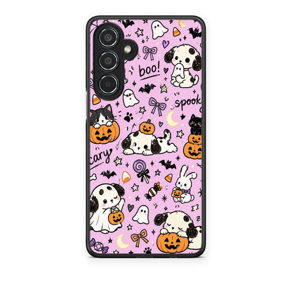 Θήκη Samsung Galaxy M35 5G Halloween Puppies and Friends on Lilac από τη Smartfits με σχέδιο στο πίσω μέρος και μαύρο περίβλημα | Samsung Galaxy M35 5G Halloween Puppies and Friends on Lilac case with colorful back and black bezels