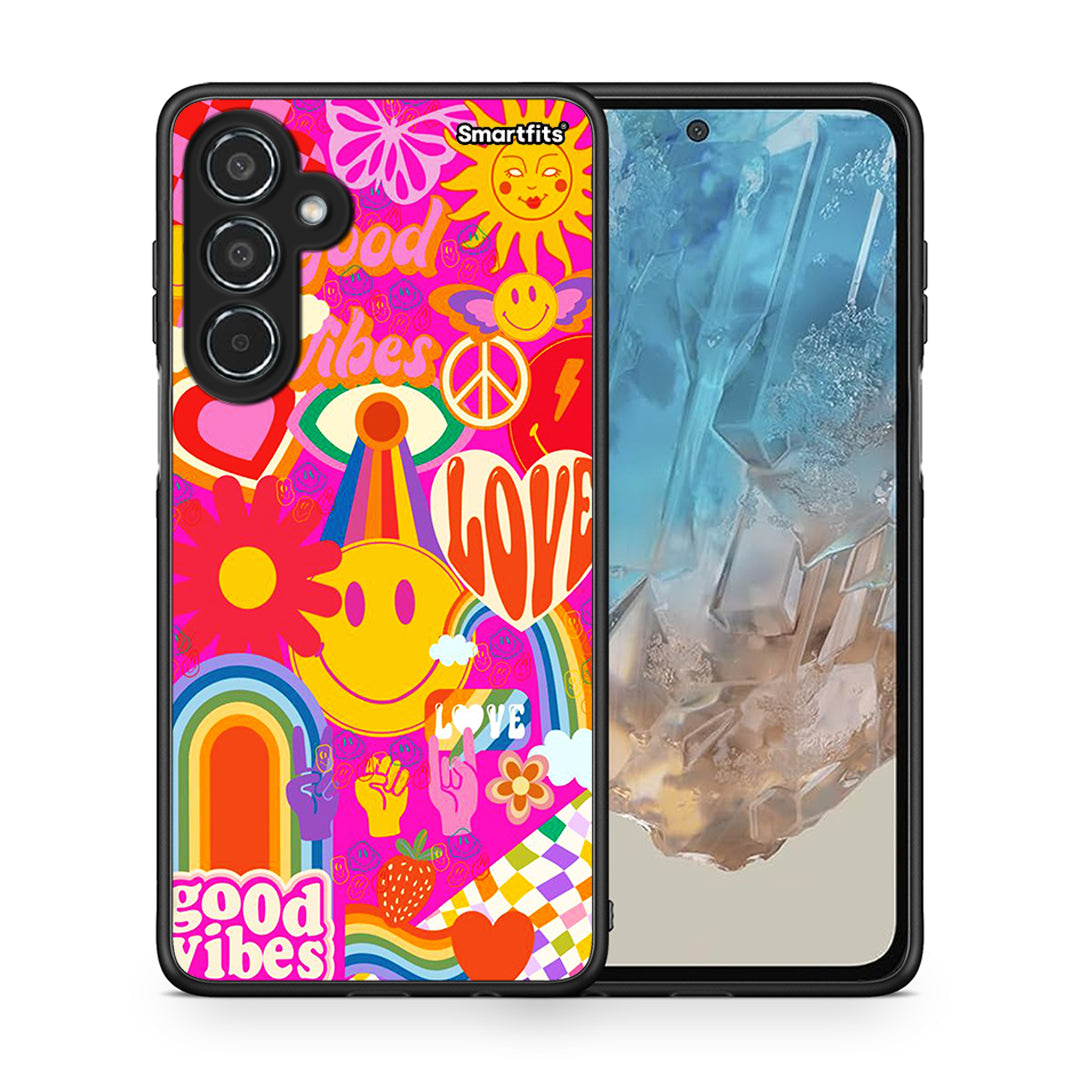 Θήκη Samsung Galaxy M35 5G Hippie Love από τη Smartfits με σχέδιο στο πίσω μέρος και μαύρο περίβλημα | Samsung Galaxy M35 5G Hippie Love case with colorful back and black bezels