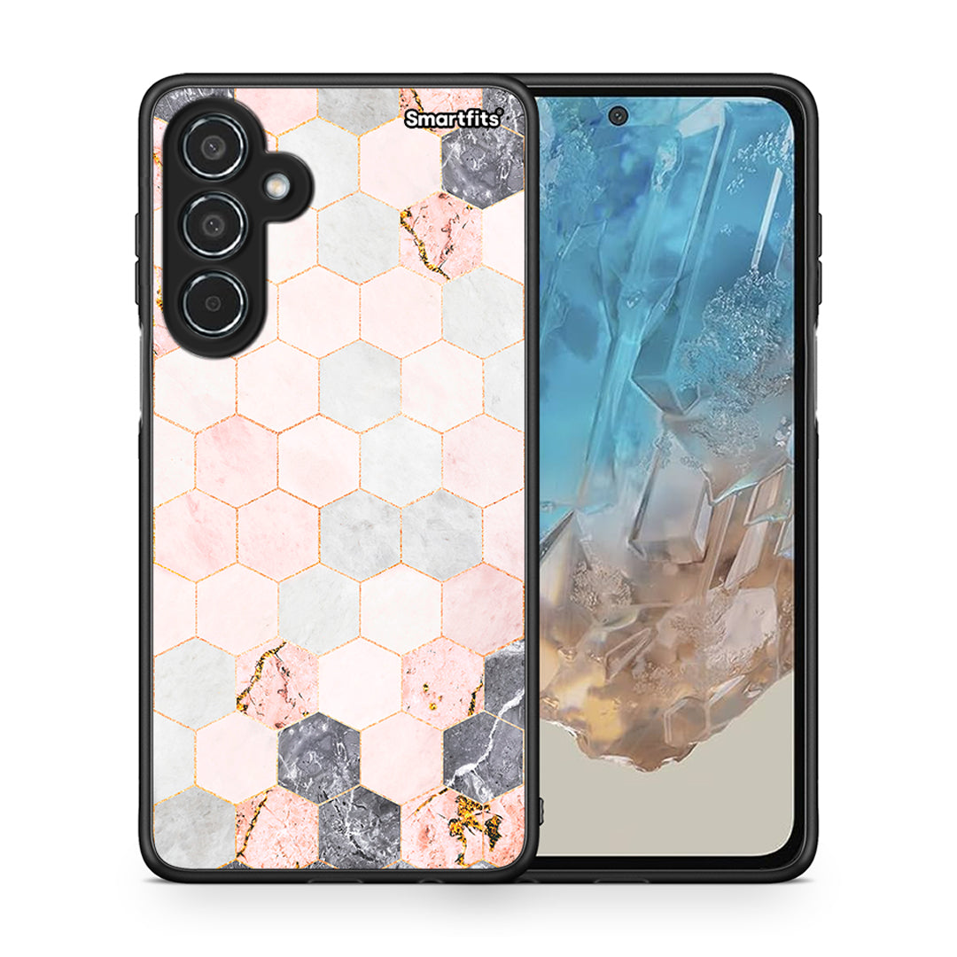 Θήκη Samsung Galaxy M35 5G Hexagon Pink Marble από τη Smartfits με σχέδιο στο πίσω μέρος και μαύρο περίβλημα | Samsung Galaxy M35 5G Hexagon Pink Marble case with colorful back and black bezels