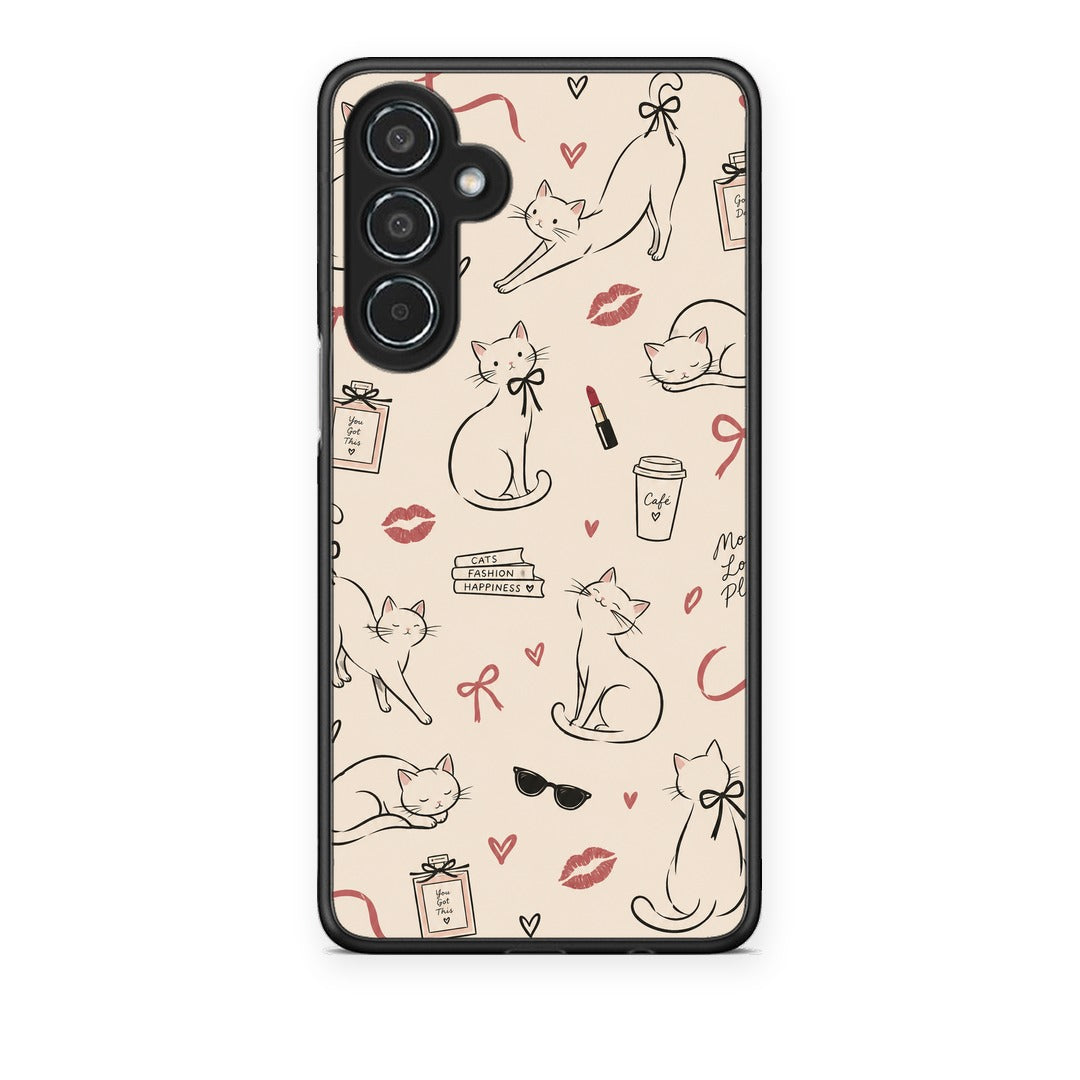 Θήκη Samsung Galaxy M35 5G Minimal Cat and Fashion Doodles on Cream από τη Smartfits με σχέδιο στο πίσω μέρος και μαύρο περίβλημα | Samsung Galaxy M35 5G Minimal Cat and Fashion Doodles on Cream case with colorful back and black bezels