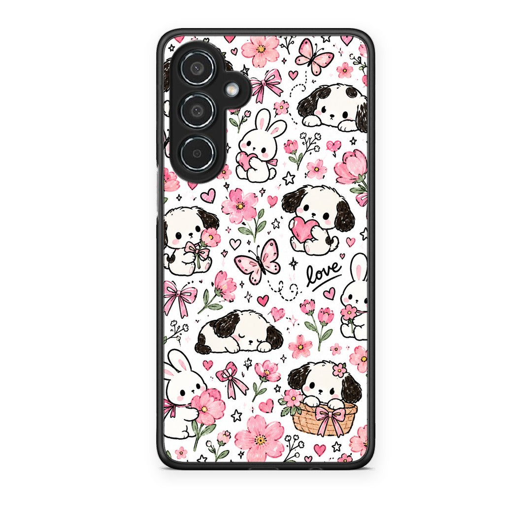 Θήκη Samsung Galaxy M35 5G Pink Florals Puppies and Bunnies on White από τη Smartfits με σχέδιο στο πίσω μέρος και μαύρο περίβλημα | Samsung Galaxy M35 5G Pink Florals Puppies and Bunnies on White case with colorful back and black bezels