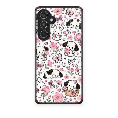 Θήκη Samsung Galaxy M35 5G Pink Florals Puppies and Bunnies on White από τη Smartfits με σχέδιο στο πίσω μέρος και μαύρο περίβλημα | Samsung Galaxy M35 5G Pink Florals Puppies and Bunnies on White case with colorful back and black bezels
