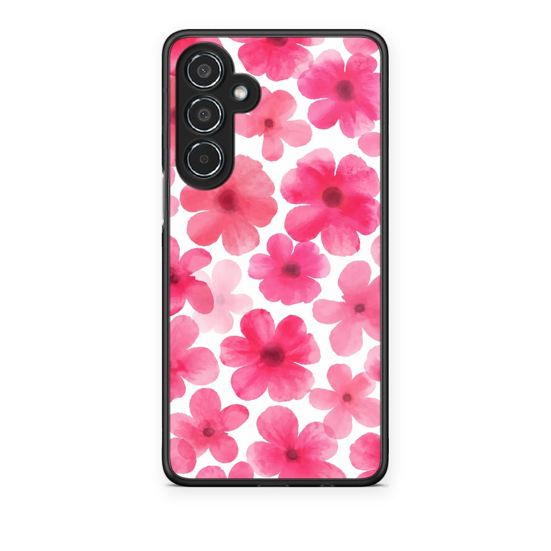 Θήκη Samsung Galaxy M35 5G Pink Watercolour Flowers on White από τη Smartfits με σχέδιο στο πίσω μέρος και μαύρο περίβλημα | Samsung Galaxy M35 5G Pink Watercolour Flowers on White case with colorful back and black bezels