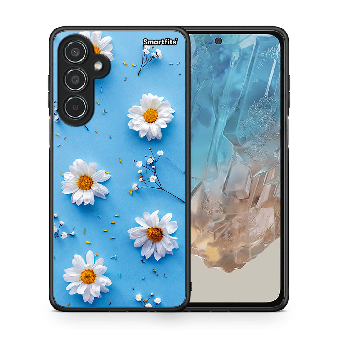 Θήκη Samsung Galaxy M35 5G Real Daisies από τη Smartfits με σχέδιο στο πίσω μέρος και μαύρο περίβλημα | Samsung Galaxy M35 5G Real Daisies case with colorful back and black bezels