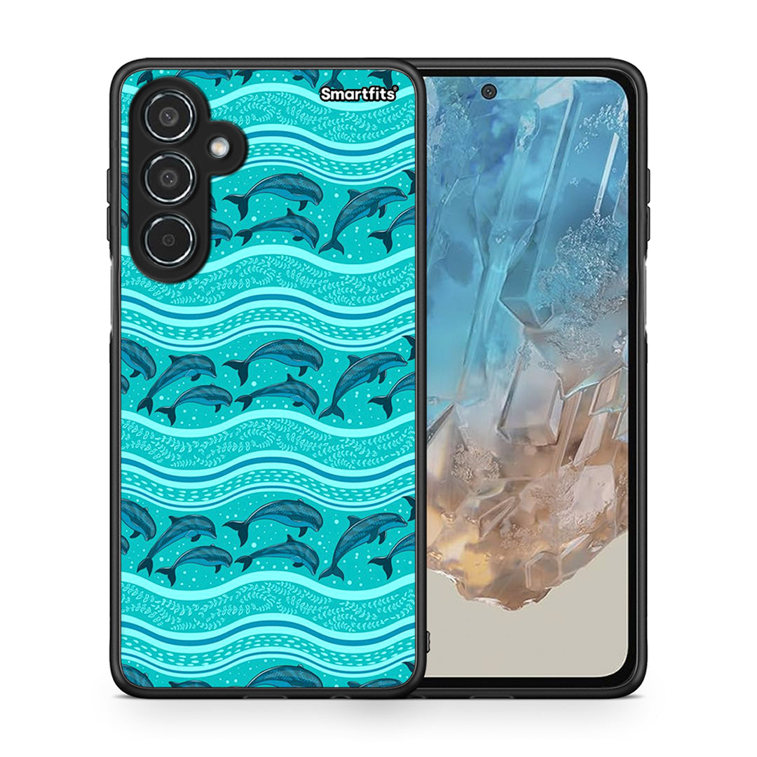 Θήκη Samsung Galaxy M35 5G Swimming Dolphins από τη Smartfits με σχέδιο στο πίσω μέρος και μαύρο περίβλημα | Samsung Galaxy M35 5G Swimming Dolphins case with colorful back and black bezels