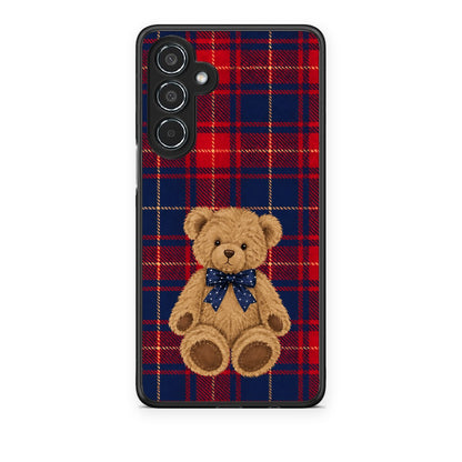 Θήκη Samsung Galaxy M35 5G Teddy Bear on Red and Navy Tartan από τη Smartfits με σχέδιο στο πίσω μέρος και μαύρο περίβλημα | Samsung Galaxy M35 5G Teddy Bear on Red and Navy Tartan case with colorful back and black bezels