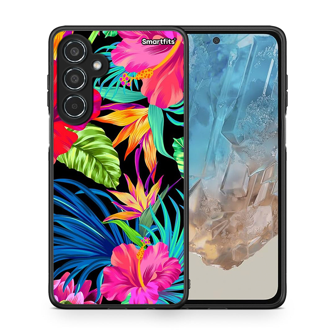 Θήκη Samsung Galaxy M35 5G Tropical Flowers από τη Smartfits με σχέδιο στο πίσω μέρος και μαύρο περίβλημα | Samsung Galaxy M35 5G Tropical Flowers case with colorful back and black bezels