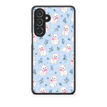 Θήκη Samsung Galaxy M35 5G White Kittens and Blue Flowers Small από τη Smartfits με σχέδιο στο πίσω μέρος και μαύρο περίβλημα | Samsung Galaxy M35 5G White Kittens and Blue Flowers Small case with colorful back and black bezels
