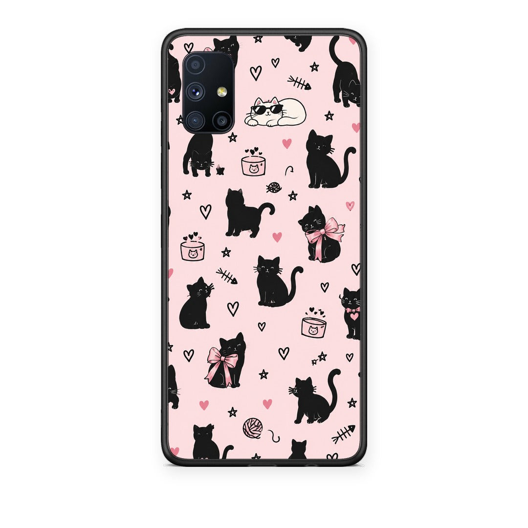Θήκη Samsung Galaxy M51 Black Cat Doodles on Pink από τη Smartfits με σχέδιο στο πίσω μέρος και μαύρο περίβλημα | Samsung Galaxy M51 Black Cat Doodles on Pink case with colorful back and black bezels