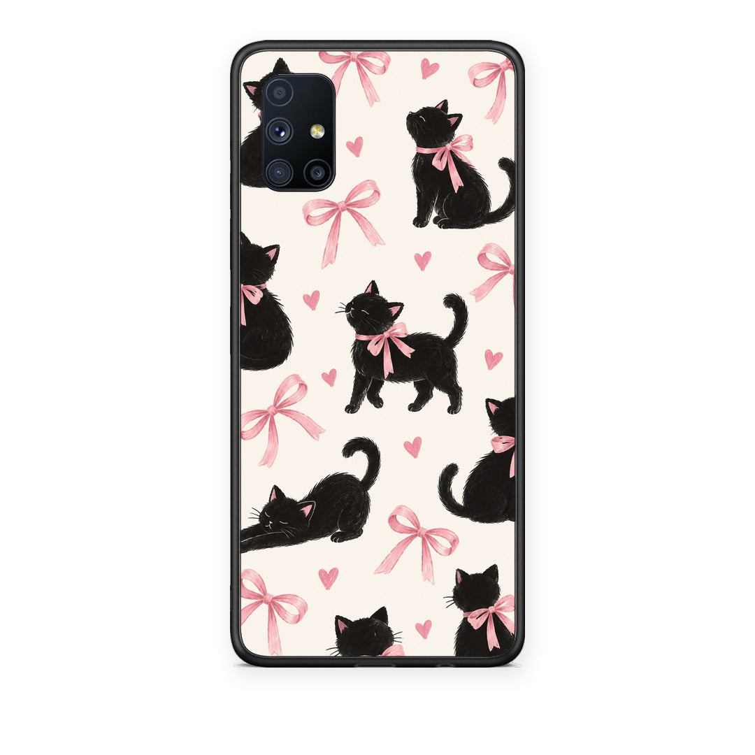 Θήκη Samsung Galaxy M51 Black Kittens and Pink Bows on Cream Large από τη Smartfits με σχέδιο στο πίσω μέρος και μαύρο περίβλημα | Samsung Galaxy M51 Black Kittens and Pink Bows on Cream Large case with colorful back and black bezels