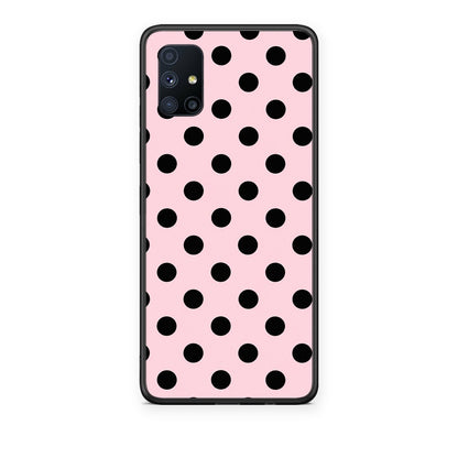 Θήκη Samsung Galaxy M51 Black Polka Dots on Pink από τη Smartfits με σχέδιο στο πίσω μέρος και μαύρο περίβλημα | Samsung Galaxy M51 Black Polka Dots on Pink case with colorful back and black bezels
