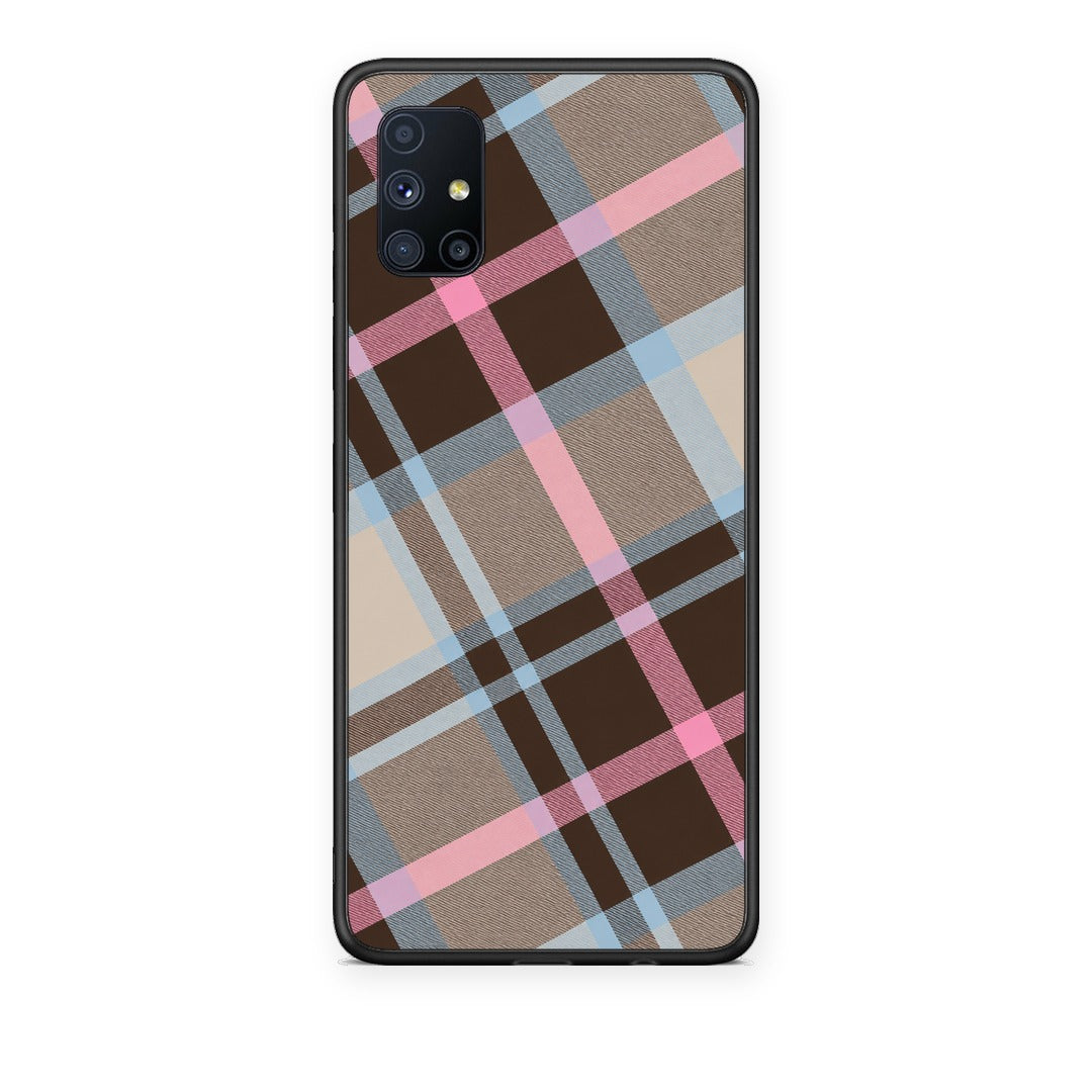 Θήκη Samsung Galaxy M51 Brown Pink and Blue Diagonal Plaid από τη Smartfits με σχέδιο στο πίσω μέρος και μαύρο περίβλημα | Samsung Galaxy M51 Brown Pink and Blue Diagonal Plaid case with colorful back and black bezels