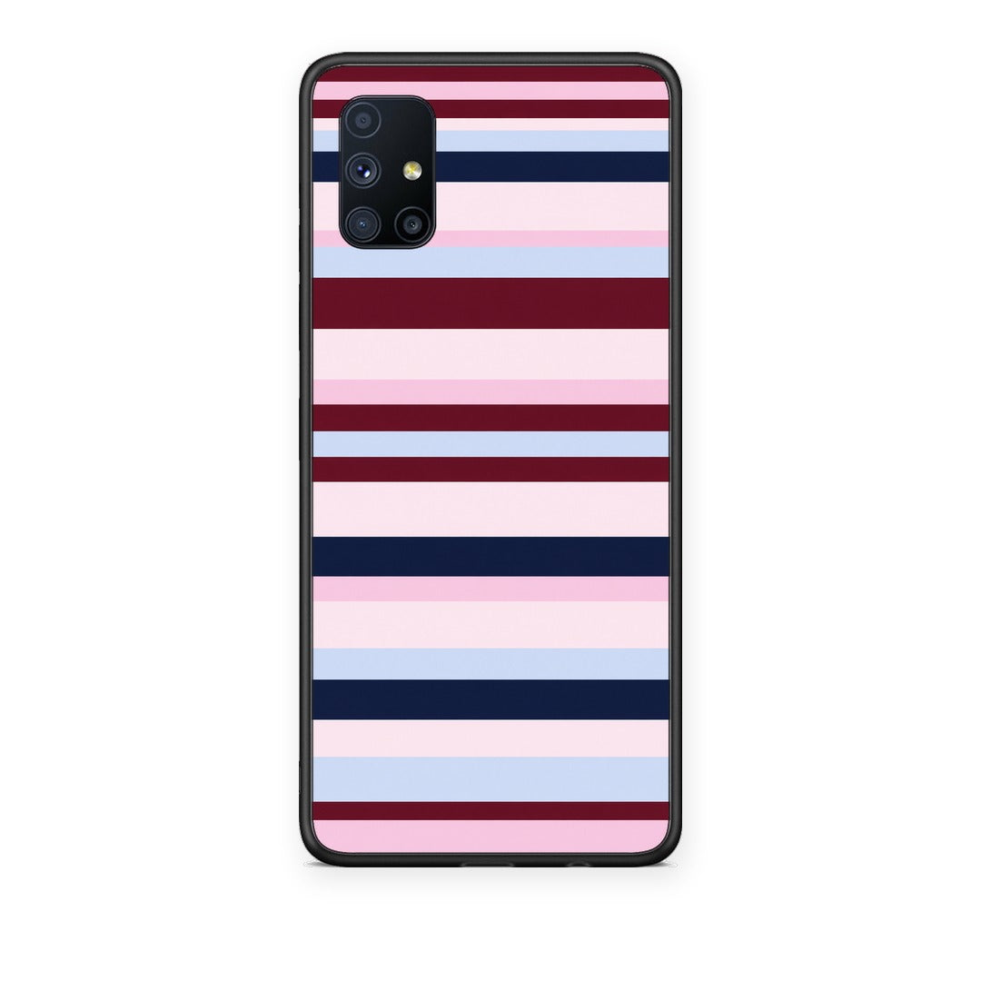 Θήκη Samsung Galaxy M51 Burgundy Pink and Blue Horizontal Stripes από τη Smartfits με σχέδιο στο πίσω μέρος και μαύρο περίβλημα | Samsung Galaxy M51 Burgundy Pink and Blue Horizontal Stripes case with colorful back and black bezels