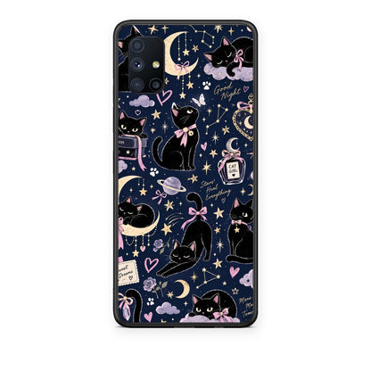 Θήκη Samsung Galaxy M51 Celestial Black Cats on Navy από τη Smartfits με σχέδιο στο πίσω μέρος και μαύρο περίβλημα | Samsung Galaxy M51 Celestial Black Cats on Navy case with colorful back and black bezels