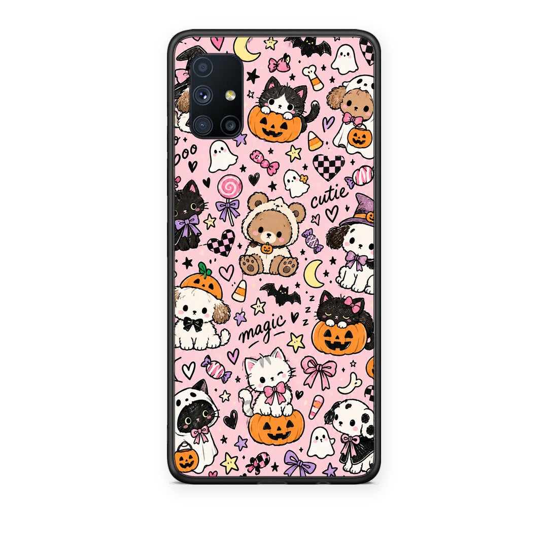Θήκη Samsung Galaxy M51 Halloween Cute Animals on Pink από τη Smartfits με σχέδιο στο πίσω μέρος και μαύρο περίβλημα | Samsung Galaxy M51 Halloween Cute Animals on Pink case with colorful back and black bezels