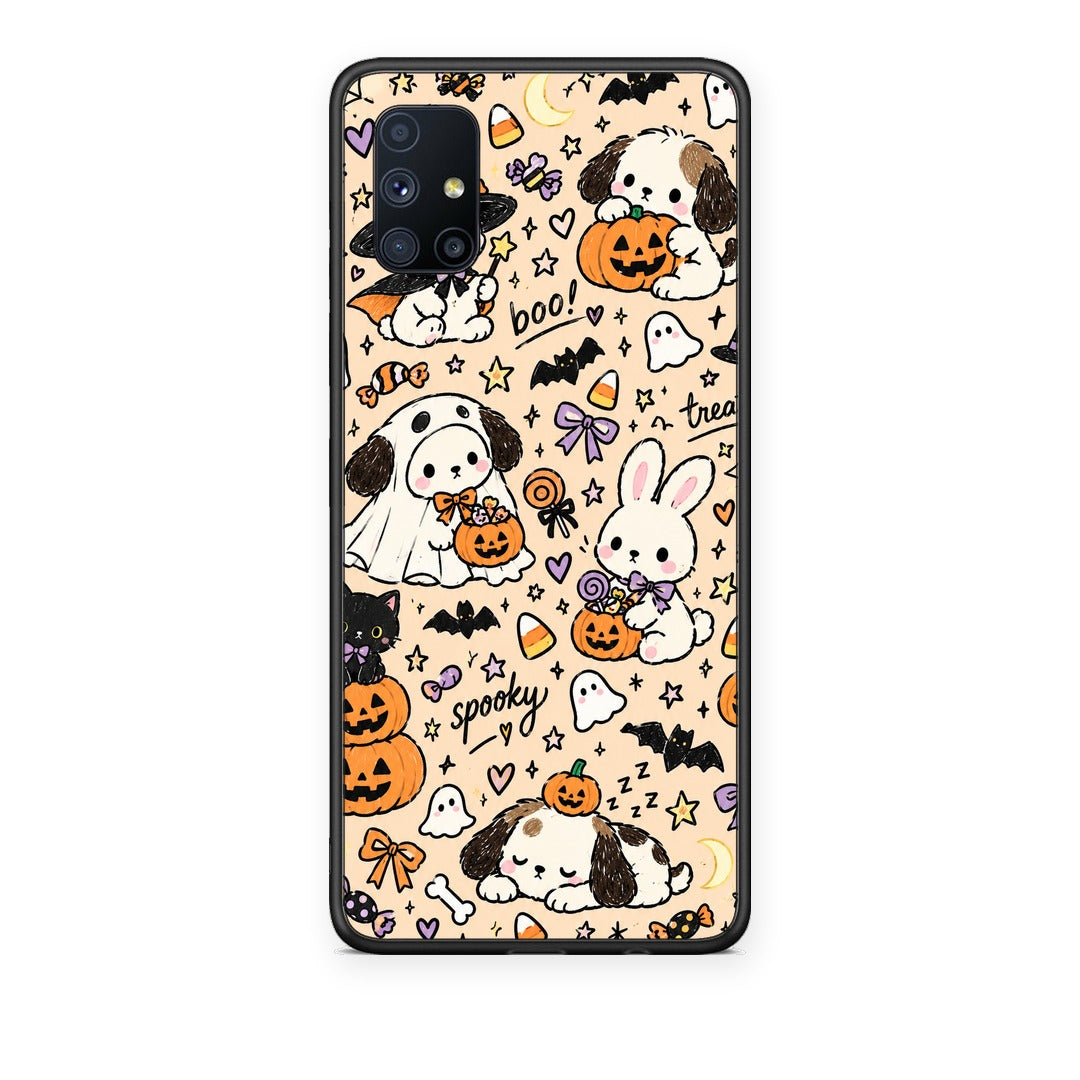 Θήκη Samsung Galaxy M51 Halloween Puppies and Friends on Cream από τη Smartfits με σχέδιο στο πίσω μέρος και μαύρο περίβλημα | Samsung Galaxy M51 Halloween Puppies and Friends on Cream case with colorful back and black bezels
