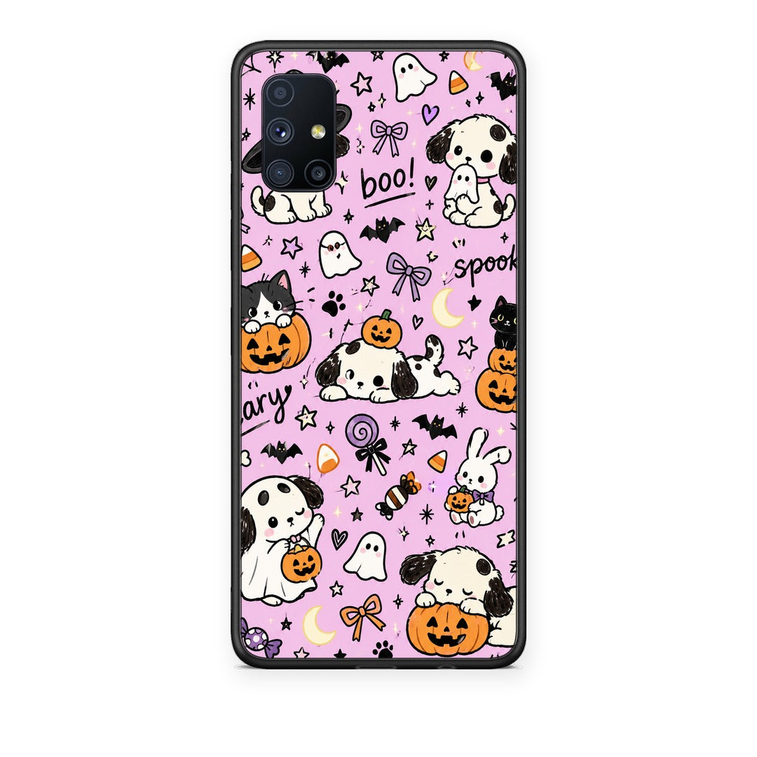 Θήκη Samsung Galaxy M51 Halloween Puppies and Friends on Lilac από τη Smartfits με σχέδιο στο πίσω μέρος και μαύρο περίβλημα | Samsung Galaxy M51 Halloween Puppies and Friends on Lilac case with colorful back and black bezels