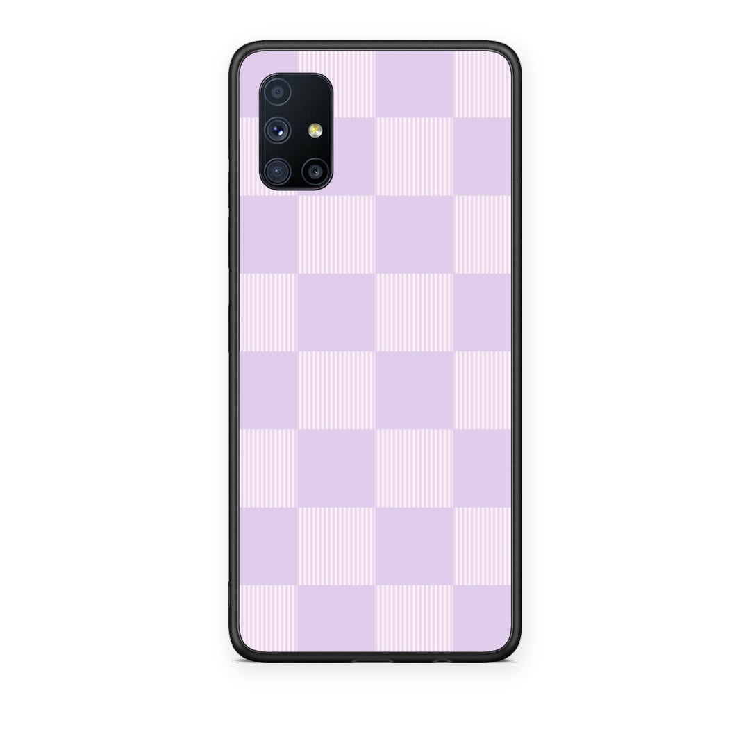 Θήκη Samsung Galaxy M51 Lilac and Cream Striped Checks από τη Smartfits με σχέδιο στο πίσω μέρος και μαύρο περίβλημα | Samsung Galaxy M51 Lilac and Cream Striped Checks case with colorful back and black bezels