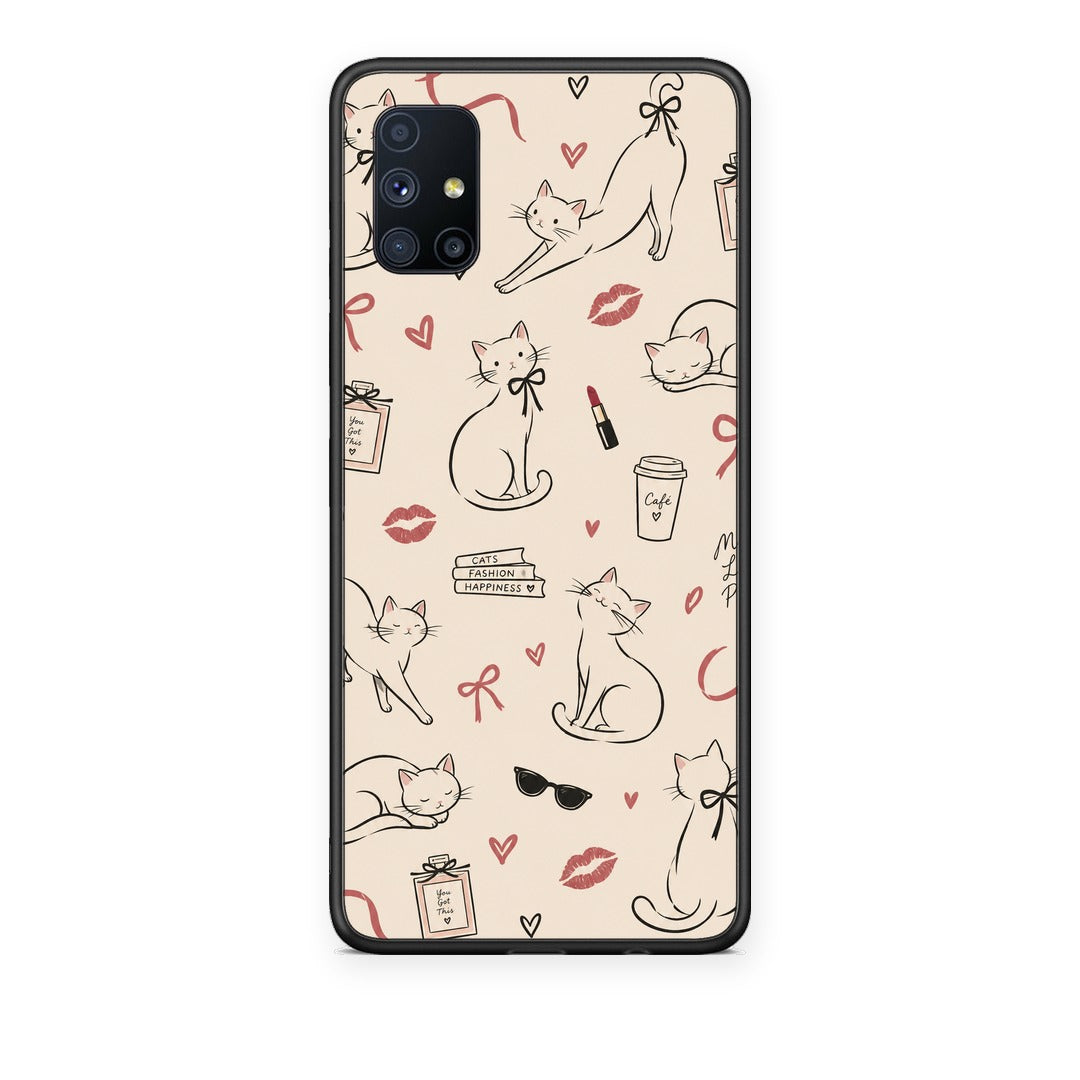 Θήκη Samsung Galaxy M51 Minimal Cat and Fashion Doodles on Cream από τη Smartfits με σχέδιο στο πίσω μέρος και μαύρο περίβλημα | Samsung Galaxy M51 Minimal Cat and Fashion Doodles on Cream case with colorful back and black bezels