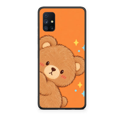 Θήκη Samsung Galaxy M51 Peekaboo Teddy on Orange από τη Smartfits με σχέδιο στο πίσω μέρος και μαύρο περίβλημα | Samsung Galaxy M51 Peekaboo Teddy on Orange case with colorful back and black bezels