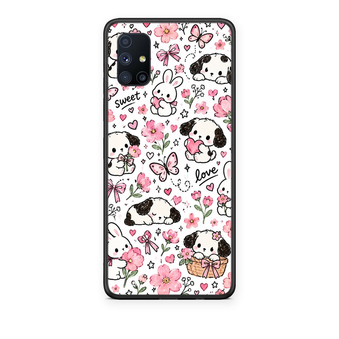 Θήκη Samsung Galaxy M51 Pink Florals Puppies and Bunnies on White από τη Smartfits με σχέδιο στο πίσω μέρος και μαύρο περίβλημα | Samsung Galaxy M51 Pink Florals Puppies and Bunnies on White case with colorful back and black bezels