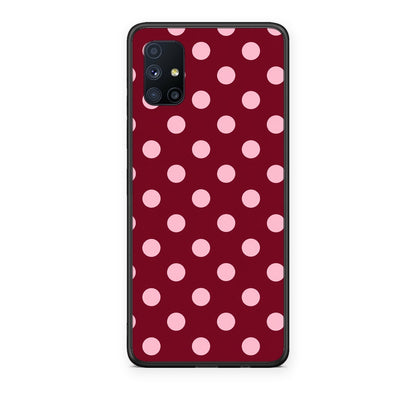 Θήκη Samsung Galaxy M51 Pink Polka Dots on Burgundy από τη Smartfits με σχέδιο στο πίσω μέρος και μαύρο περίβλημα | Samsung Galaxy M51 Pink Polka Dots on Burgundy case with colorful back and black bezels