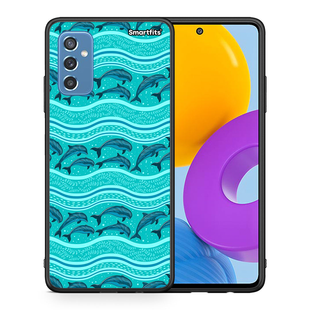 Θήκη Samsung M52 5G Swimming Dolphins από τη Smartfits με σχέδιο στο πίσω μέρος και μαύρο περίβλημα | Samsung M52 5G Swimming Dolphins case with colorful back and black bezels