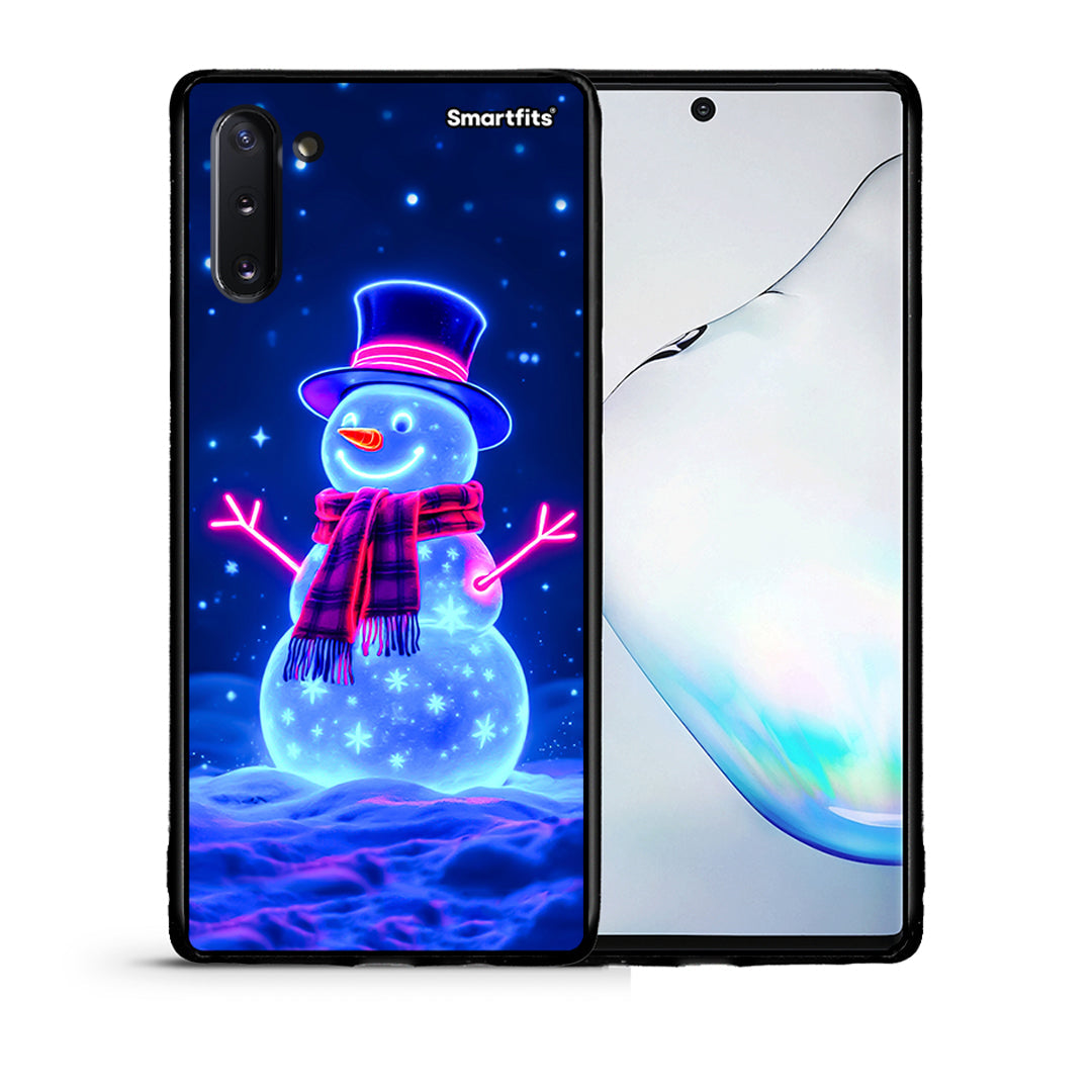 Θήκη Samsung Note 10 Christmas Neon Snowman από τη Smartfits με σχέδιο στο πίσω μέρος και μαύρο περίβλημα | Samsung Note 10 Christmas Neon Snowman case with colorful back and black bezels