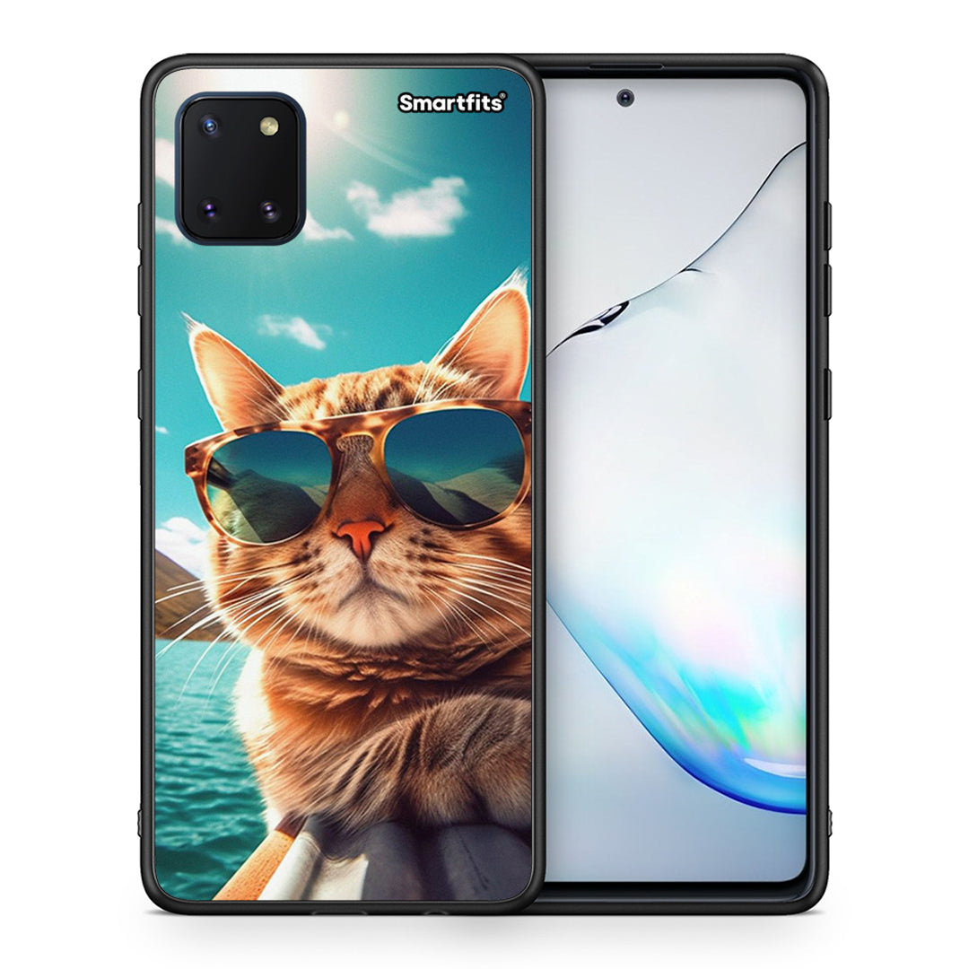 Θήκη Samsung Note 10 Lite Summer Cat από τη Smartfits με σχέδιο στο πίσω μέρος και μαύρο περίβλημα | Samsung Note 10 Lite Summer Cat case with colorful back and black bezels