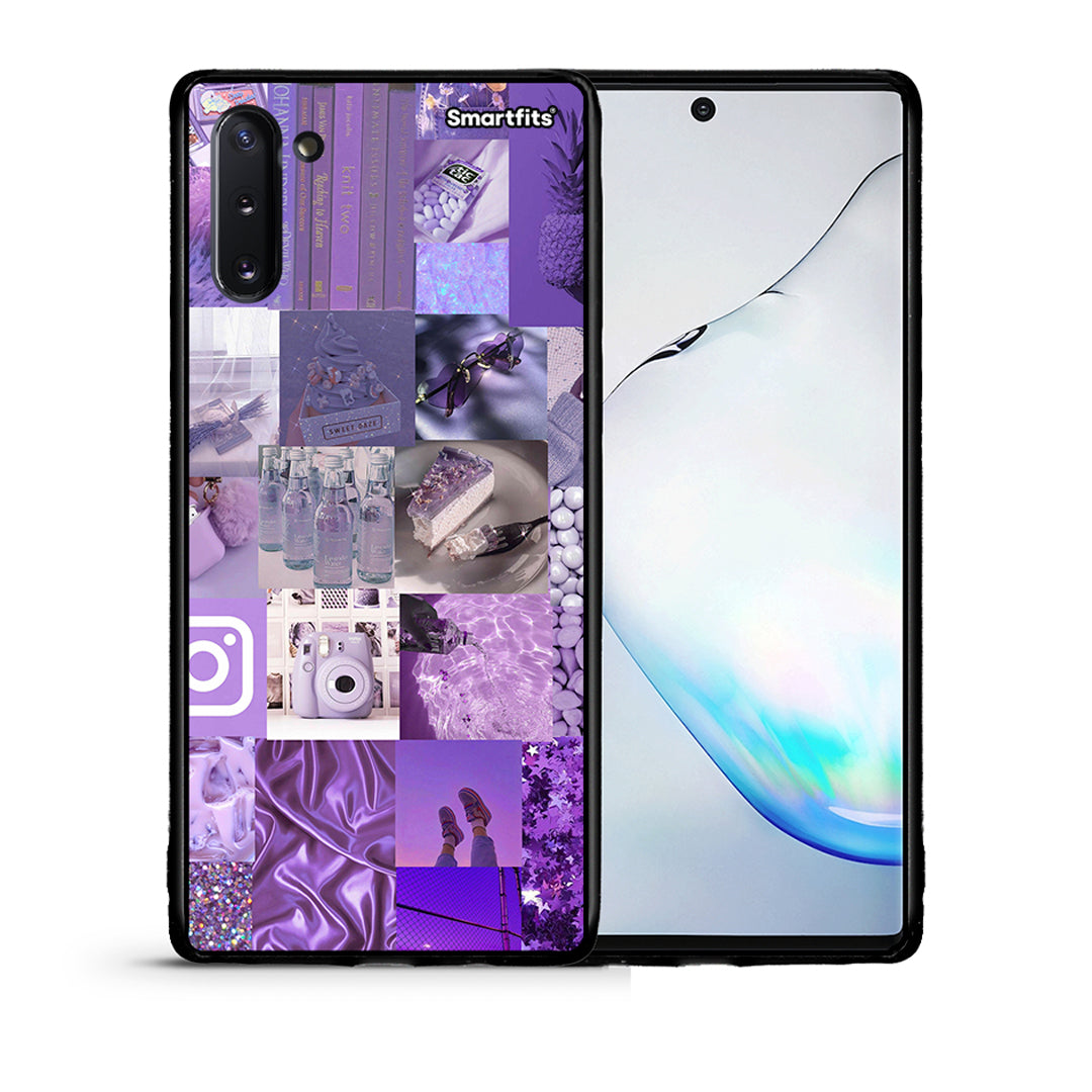 Θήκη Samsung Note 10 Purple Aesthetic Collage από τη Smartfits με σχέδιο στο πίσω μέρος και μαύρο περίβλημα | Samsung Note 10 Purple Aesthetic Collage case with colorful back and black bezels