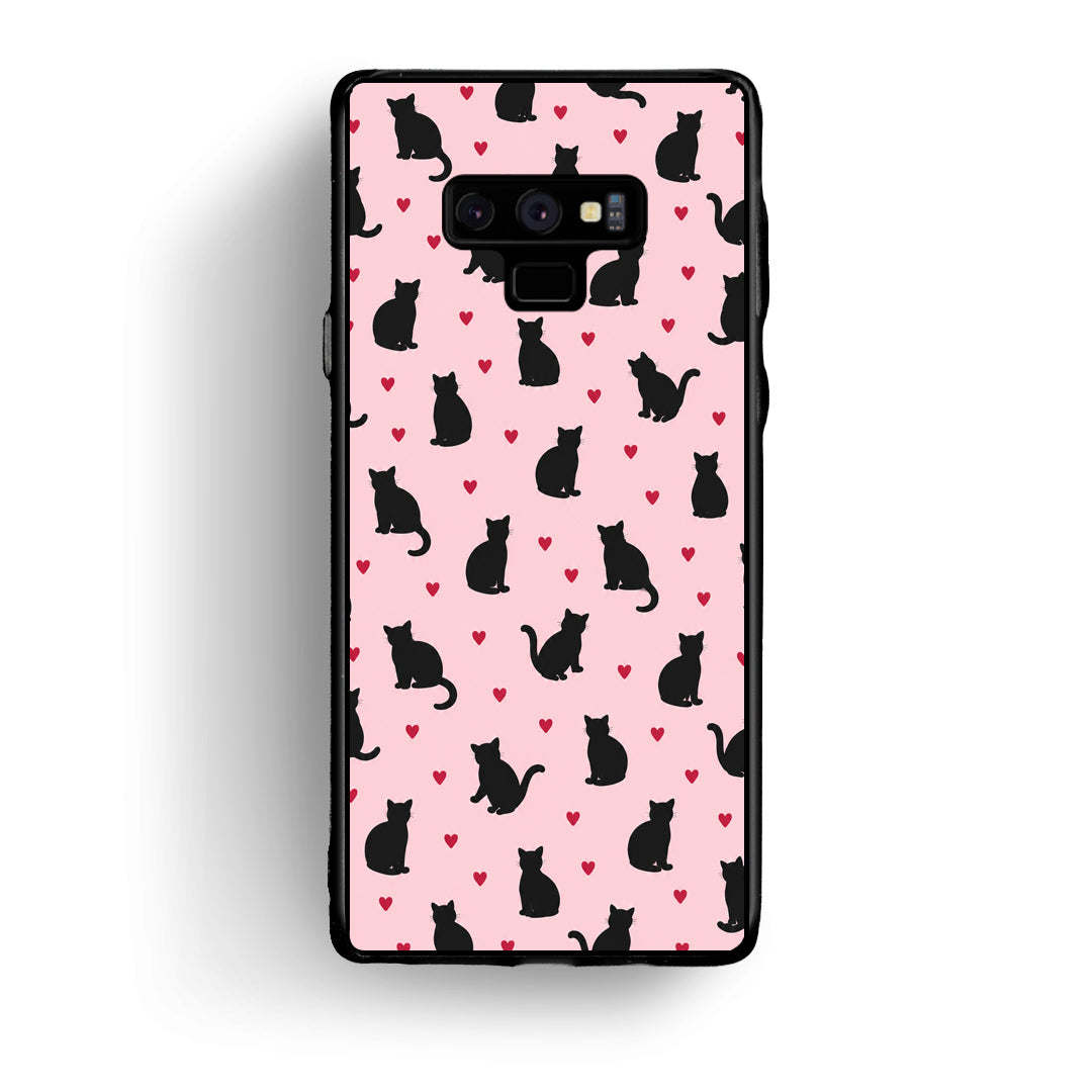 Θήκη Samsung Galaxy Note 9 Black Cat Silhouettes and Hearts on Pink από τη Smartfits με σχέδιο στο πίσω μέρος και μαύρο περίβλημα | Samsung Galaxy Note 9 Black Cat Silhouettes and Hearts on Pink case with colorful back and black bezels