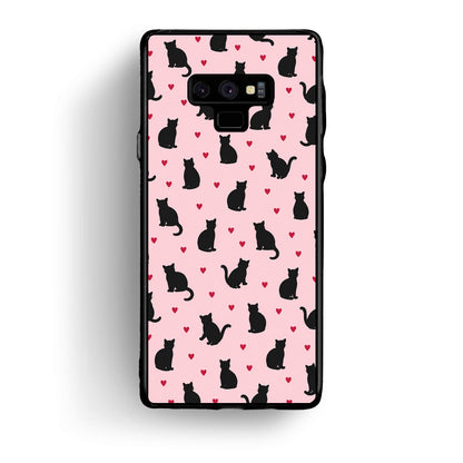 Θήκη Samsung Galaxy Note 9 Black Cat Silhouettes and Hearts on Pink από τη Smartfits με σχέδιο στο πίσω μέρος και μαύρο περίβλημα | Samsung Galaxy Note 9 Black Cat Silhouettes and Hearts on Pink case with colorful back and black bezels