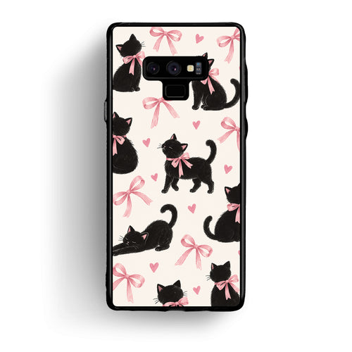 Θήκη Samsung Galaxy Note 9 Black Kittens and Pink Bows on Cream Large από τη Smartfits με σχέδιο στο πίσω μέρος και μαύρο περίβλημα | Samsung Galaxy Note 9 Black Kittens and Pink Bows on Cream Large case with colorful back and black bezels
