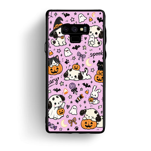 Θήκη Samsung Galaxy Note 9 Halloween Puppies and Friends on Lilac από τη Smartfits με σχέδιο στο πίσω μέρος και μαύρο περίβλημα | Samsung Galaxy Note 9 Halloween Puppies and Friends on Lilac case with colorful back and black bezels