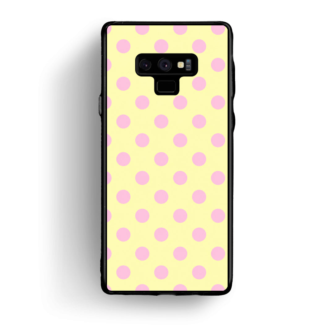 Θήκη Samsung Galaxy Note 9 Pink Polka Dots on Yellow από τη Smartfits με σχέδιο στο πίσω μέρος και μαύρο περίβλημα | Samsung Galaxy Note 9 Pink Polka Dots on Yellow case with colorful back and black bezels