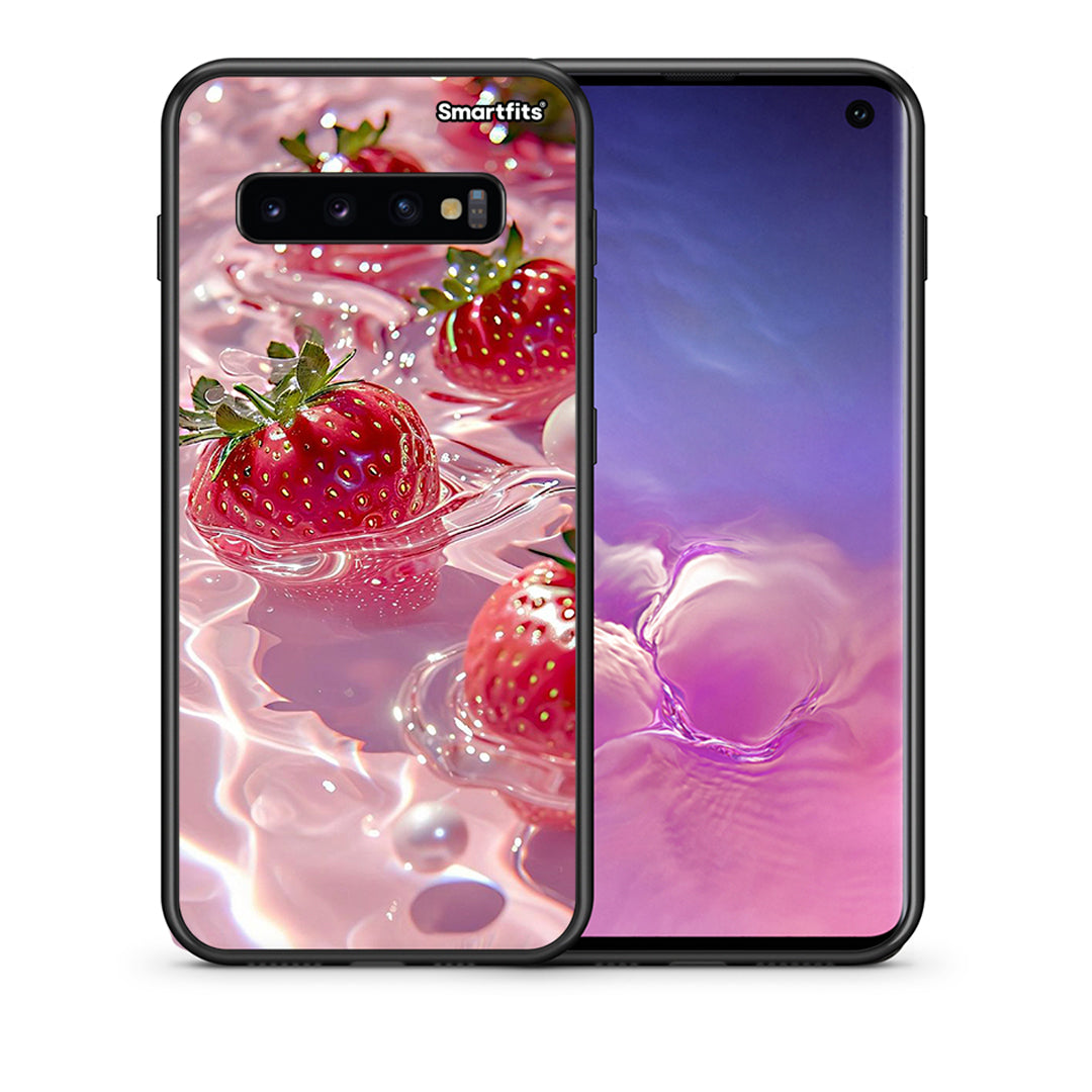 Θήκη Samsung S10 Juicy Strawberries από τη Smartfits με σχέδιο στο πίσω μέρος και μαύρο περίβλημα | Samsung S10 Juicy Strawberries case with colorful back and black bezels