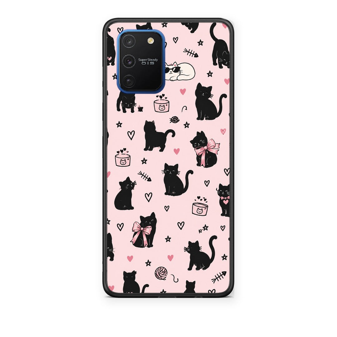 Θήκη Samsung Galaxy S10 Lite Black Cat Doodles on Pink από τη Smartfits με σχέδιο στο πίσω μέρος και μαύρο περίβλημα | Samsung Galaxy S10 Lite Black Cat Doodles on Pink case with colorful back and black bezels