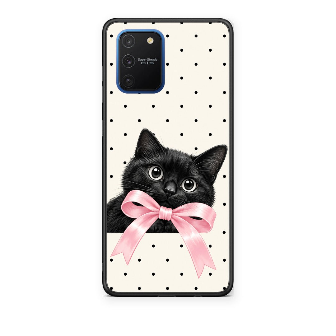 Θήκη Samsung Galaxy S10 Lite Black Kitten Pink Bow and Polka Dots από τη Smartfits με σχέδιο στο πίσω μέρος και μαύρο περίβλημα | Samsung Galaxy S10 Lite Black Kitten Pink Bow and Polka Dots case with colorful back and black bezels