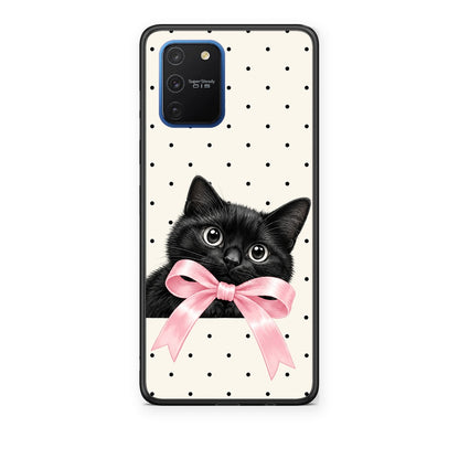 Θήκη Samsung Galaxy S10 Lite Black Kitten Pink Bow and Polka Dots από τη Smartfits με σχέδιο στο πίσω μέρος και μαύρο περίβλημα | Samsung Galaxy S10 Lite Black Kitten Pink Bow and Polka Dots case with colorful back and black bezels
