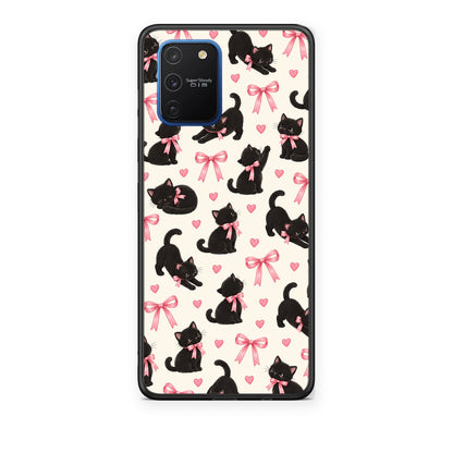 Θήκη Samsung Galaxy S10 Lite Black Kittens and Pink Bows on Cream Small από τη Smartfits με σχέδιο στο πίσω μέρος και μαύρο περίβλημα | Samsung Galaxy S10 Lite Black Kittens and Pink Bows on Cream Small case with colorful back and black bezels