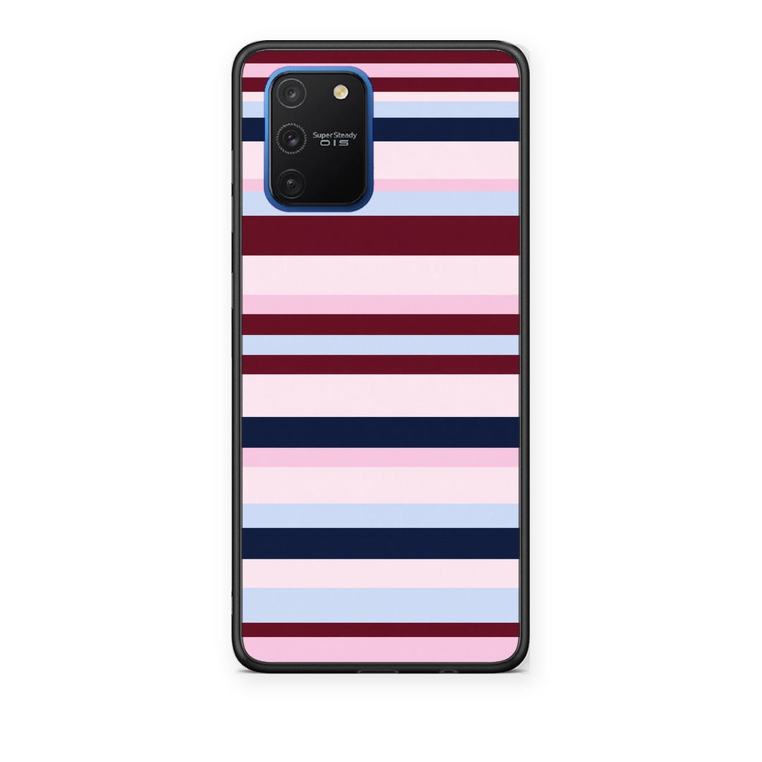 Θήκη Samsung Galaxy S10 Lite Burgundy Pink and Blue Horizontal Stripes από τη Smartfits με σχέδιο στο πίσω μέρος και μαύρο περίβλημα | Samsung Galaxy S10 Lite Burgundy Pink and Blue Horizontal Stripes case with colorful back and black bezels