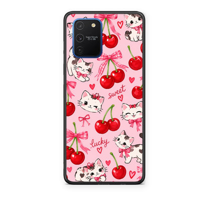 Θήκη Samsung Galaxy S10 Lite Cherries Bows and Kittens on Pink από τη Smartfits με σχέδιο στο πίσω μέρος και μαύρο περίβλημα | Samsung Galaxy S10 Lite Cherries Bows and Kittens on Pink case with colorful back and black bezels