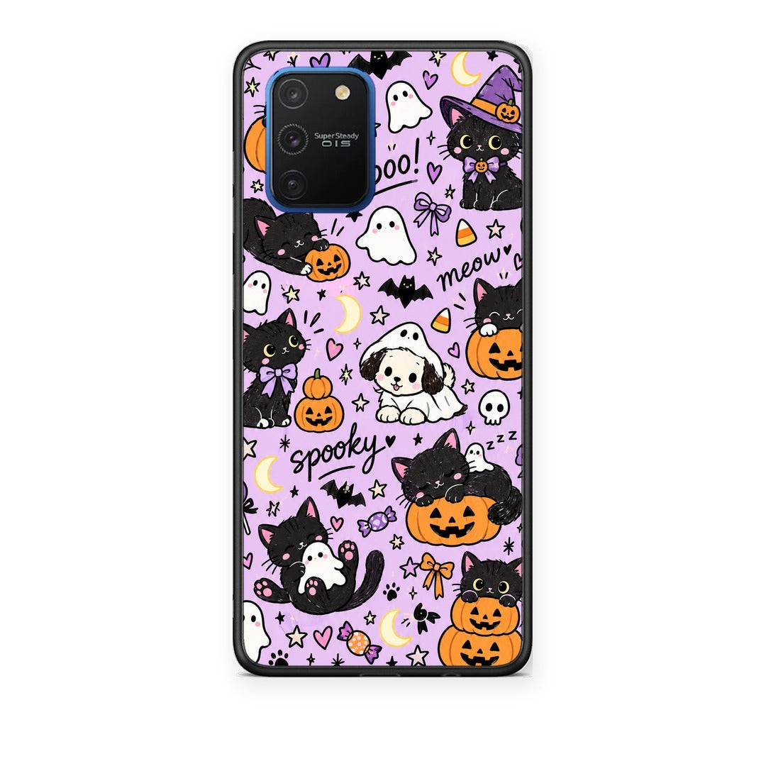 Θήκη Samsung Galaxy S10 Lite Halloween Black Cats on Lilac από τη Smartfits με σχέδιο στο πίσω μέρος και μαύρο περίβλημα | Samsung Galaxy S10 Lite Halloween Black Cats on Lilac case with colorful back and black bezels