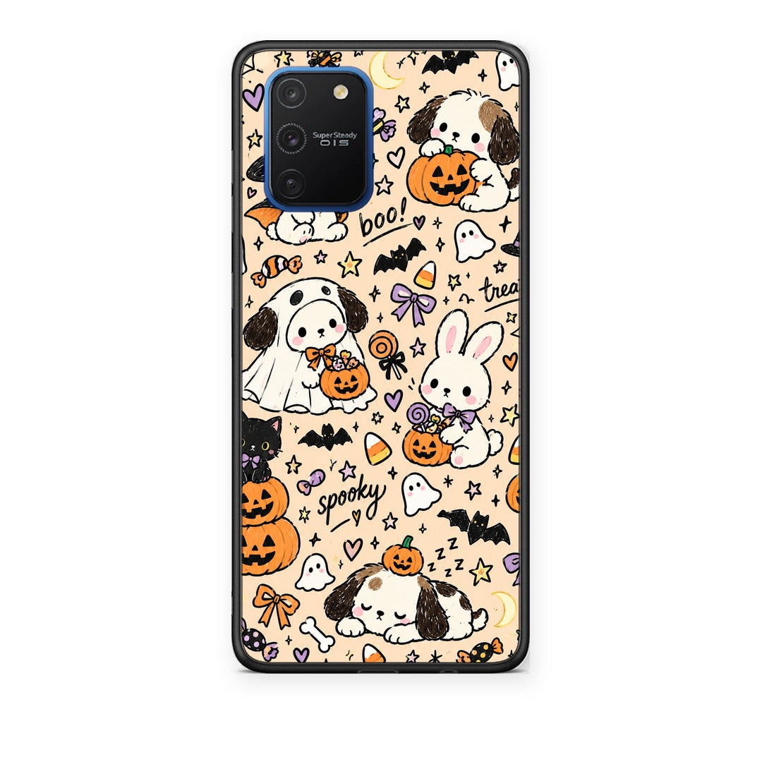 Θήκη Samsung Galaxy S10 Lite Halloween Puppies and Friends on Cream από τη Smartfits με σχέδιο στο πίσω μέρος και μαύρο περίβλημα | Samsung Galaxy S10 Lite Halloween Puppies and Friends on Cream case with colorful back and black bezels