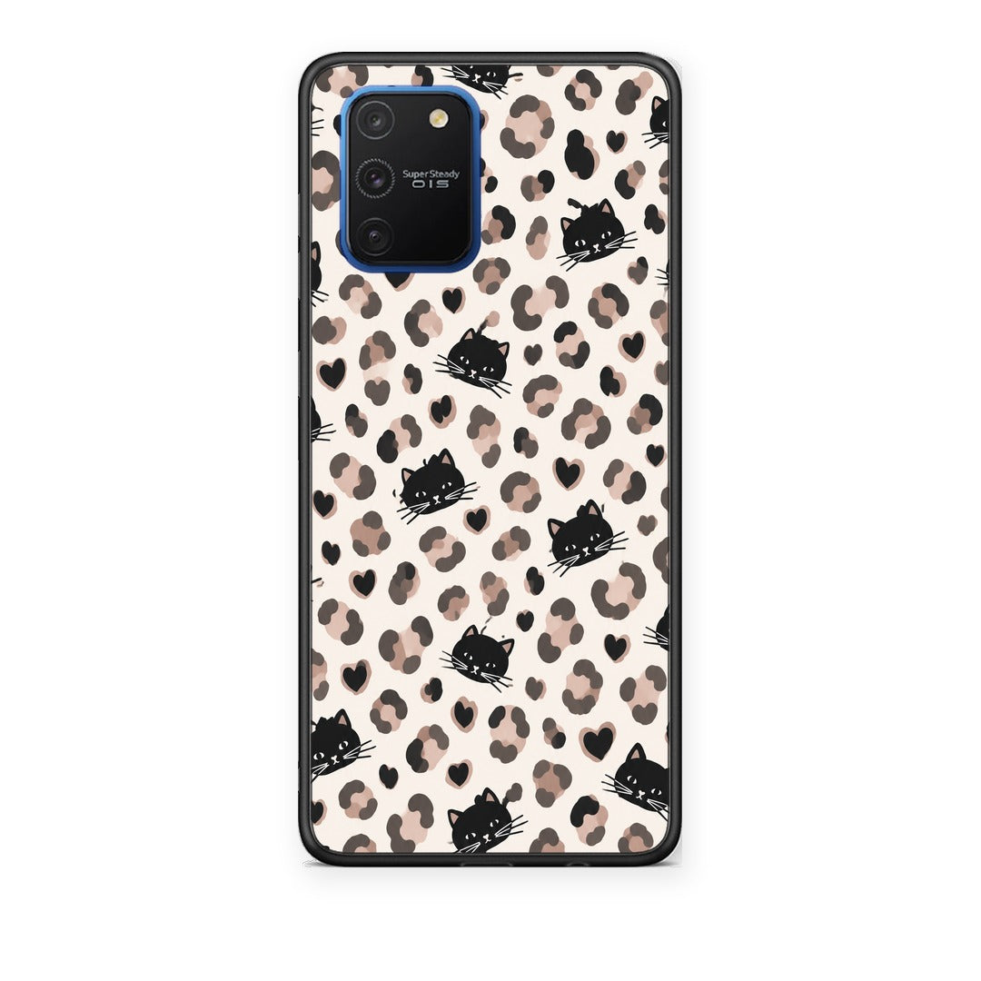Θήκη Samsung Galaxy S10 Lite Leopard Spots and Black Cats on Cream από τη Smartfits με σχέδιο στο πίσω μέρος και μαύρο περίβλημα | Samsung Galaxy S10 Lite Leopard Spots and Black Cats on Cream case with colorful back and black bezels